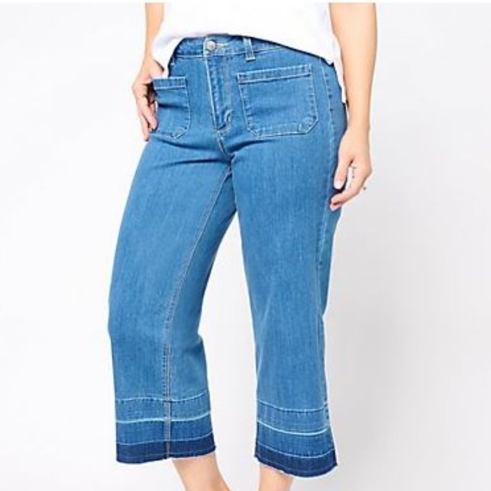 Susan Graver Light Blue Cropped Wide-Leg Jeans with Dark Blue Hem